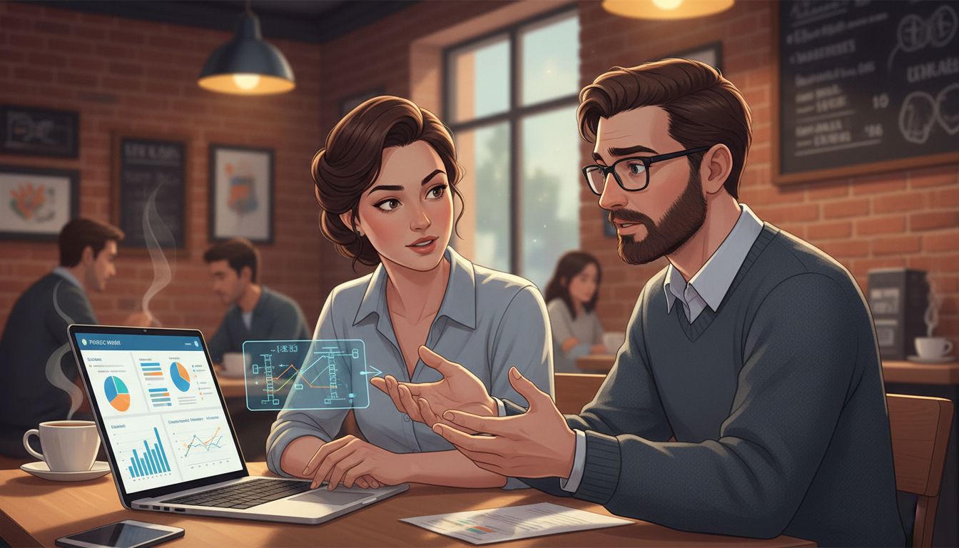 Two startup founders in a candid coffee shop discussion about product strategy