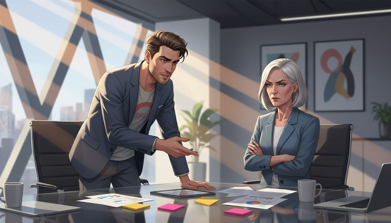 A startup founder and advisor in intense discussion across a boardroom table