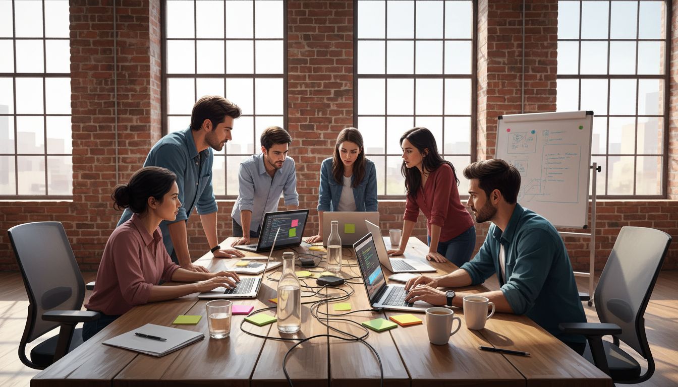 A startup team collaborating intensely in an early-stage office