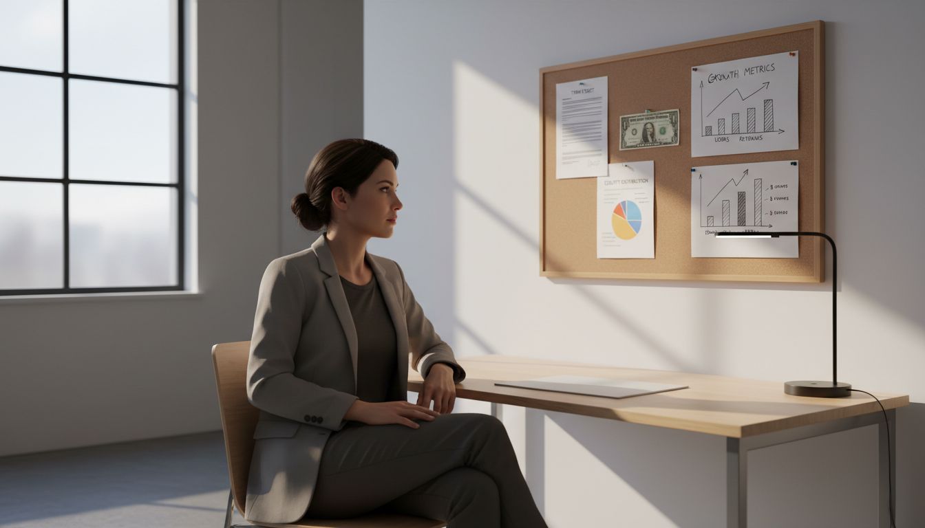 A startup founder contemplating a $1 bill pinned to a corkboard next to a term sheet and equity chart