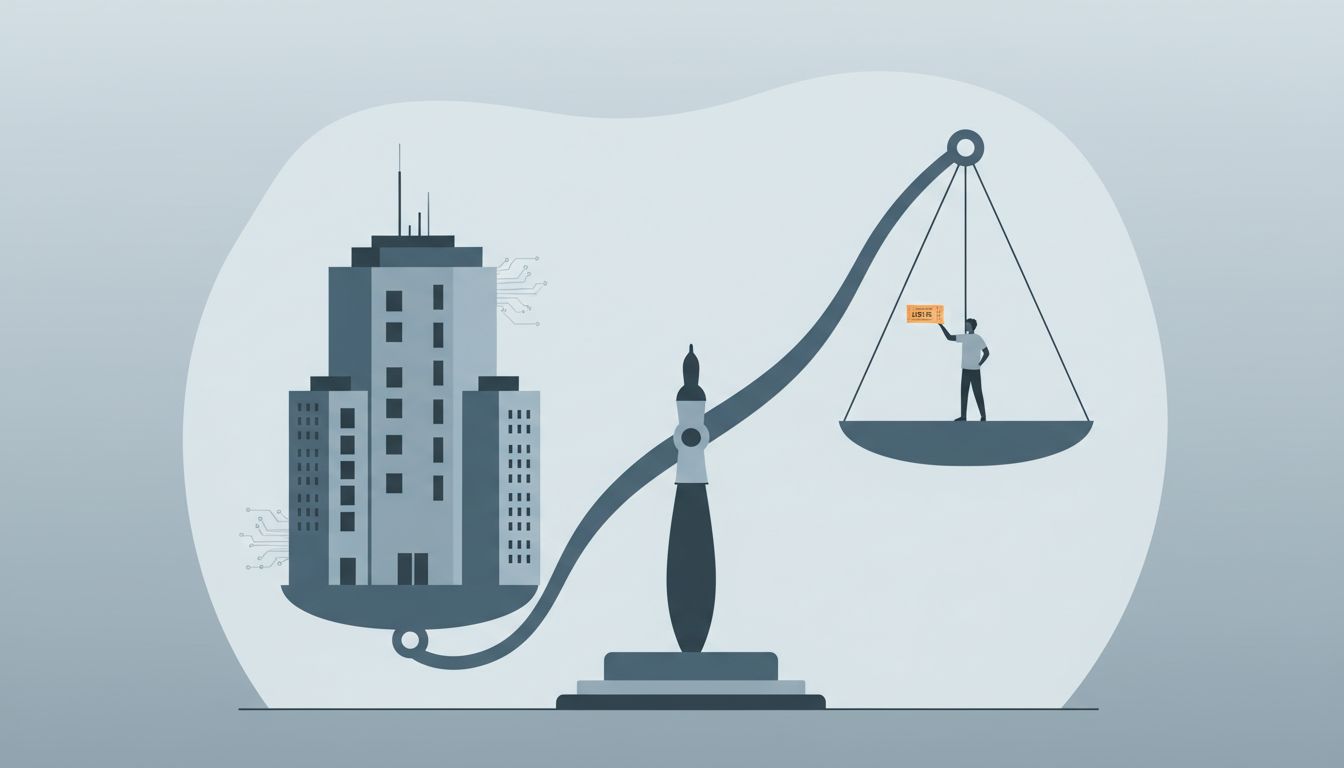 Balance scale showing a corporation outweighing a single worker holding a lottery ticket, representing risk transfer