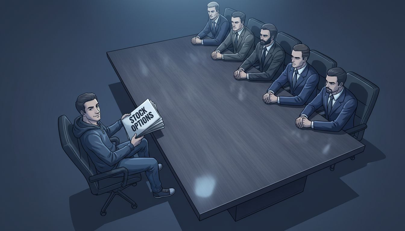 Corporate executives at a table handing stock option documents to a lone tech worker, symbolizing unequal risk transfer