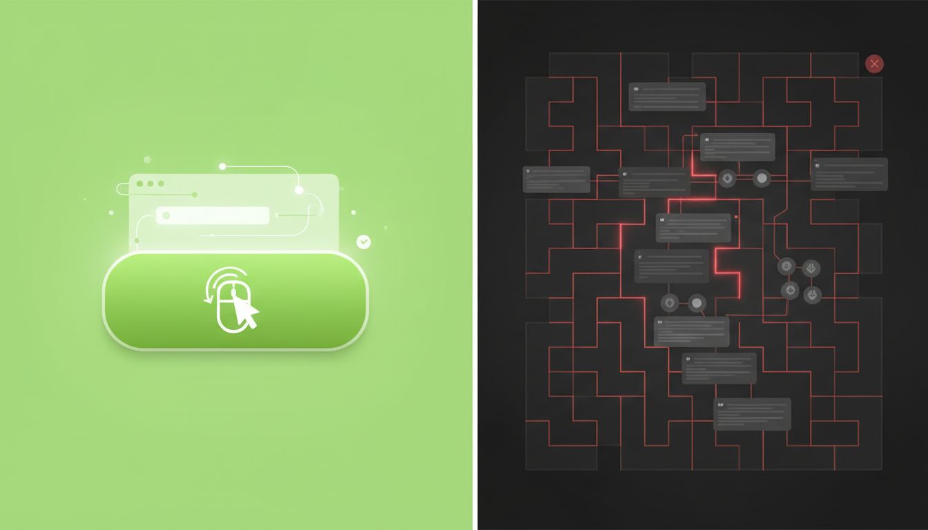 Split-screen comparison showing frictionless purchase interface versus complex cancellation flow