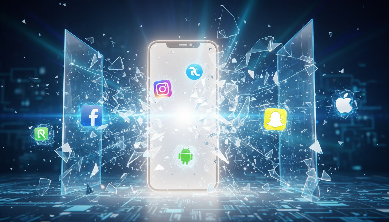 Abstract visualization of platform friction barriers dissolving under regulatory pressure, freeing user choice