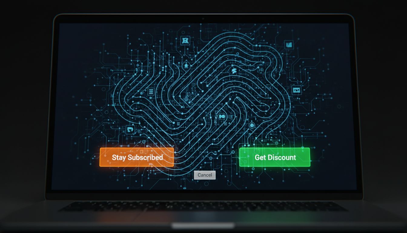 A subscription cancellation screen with a nearly invisible cancel button buried beneath multiple persuasive offers and confirmation steps