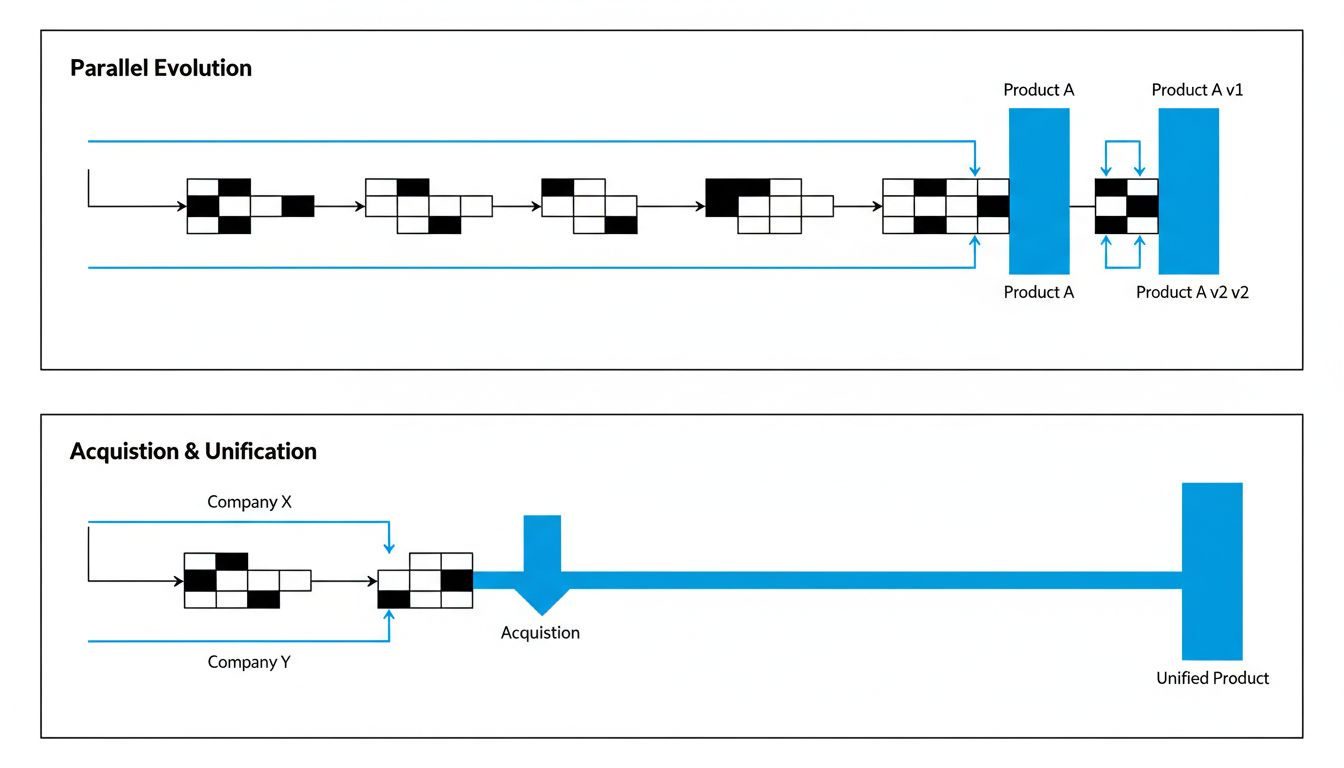 Diagram comparing the outcome of building versus acquiring a competitor, showing that acquisition collapses parallel timelines into one