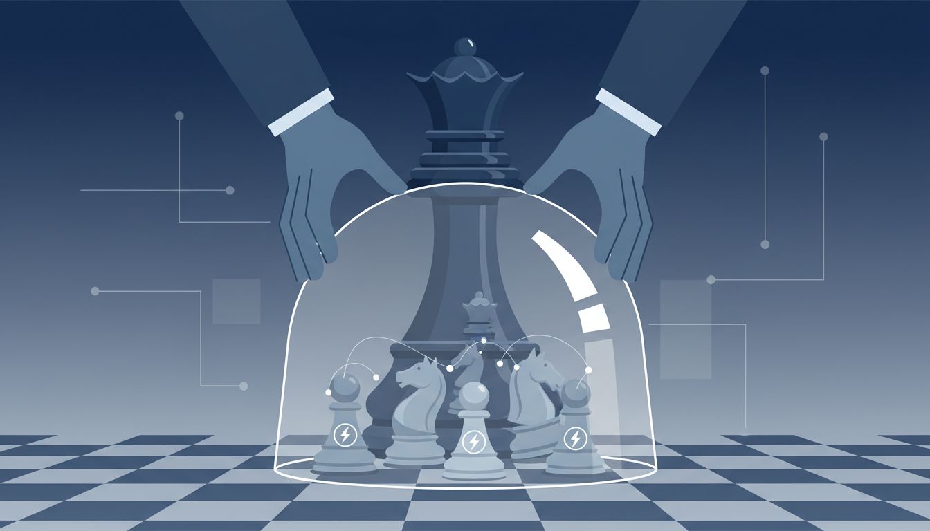 A large chess piece covering smaller pieces under a glass dome, illustrating competitive control through acquisition