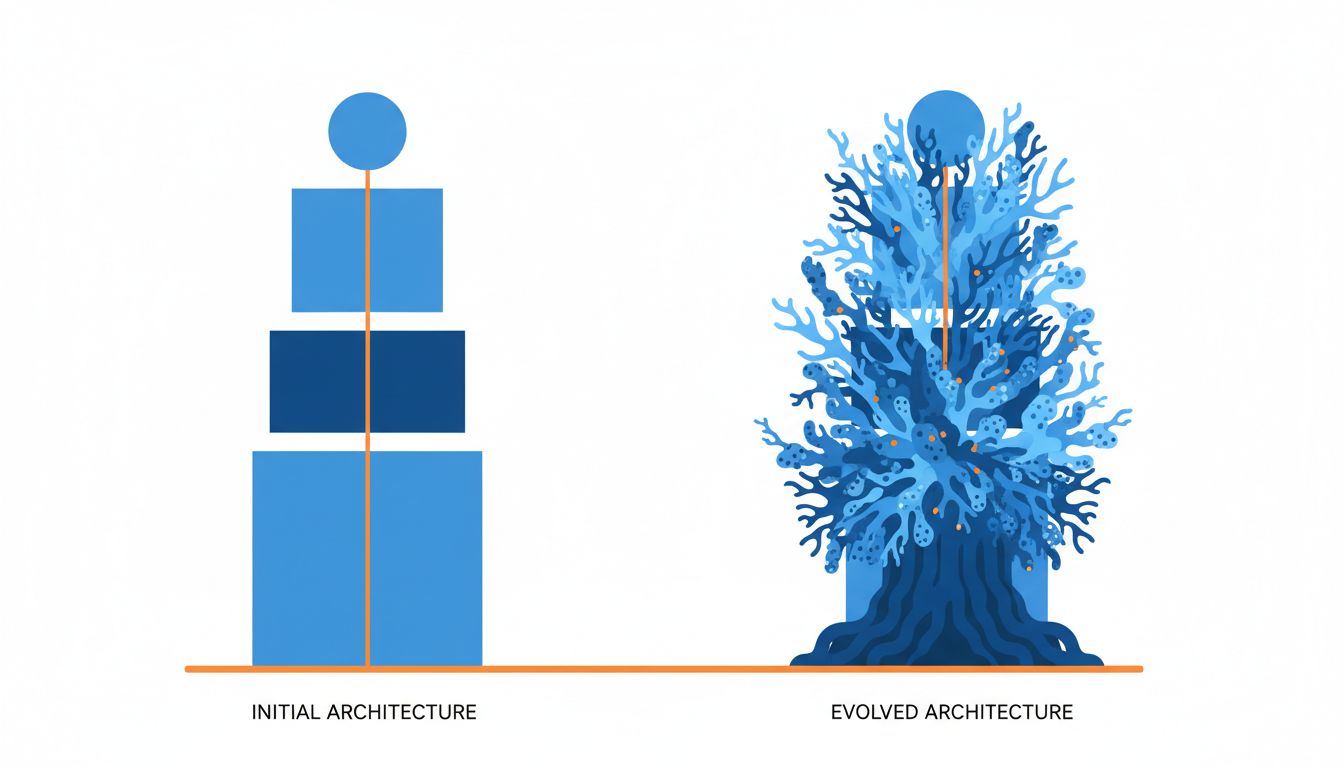 Diagram comparing clean product architecture to feature-laden legacy architecture, showing how complexity creates structural depth