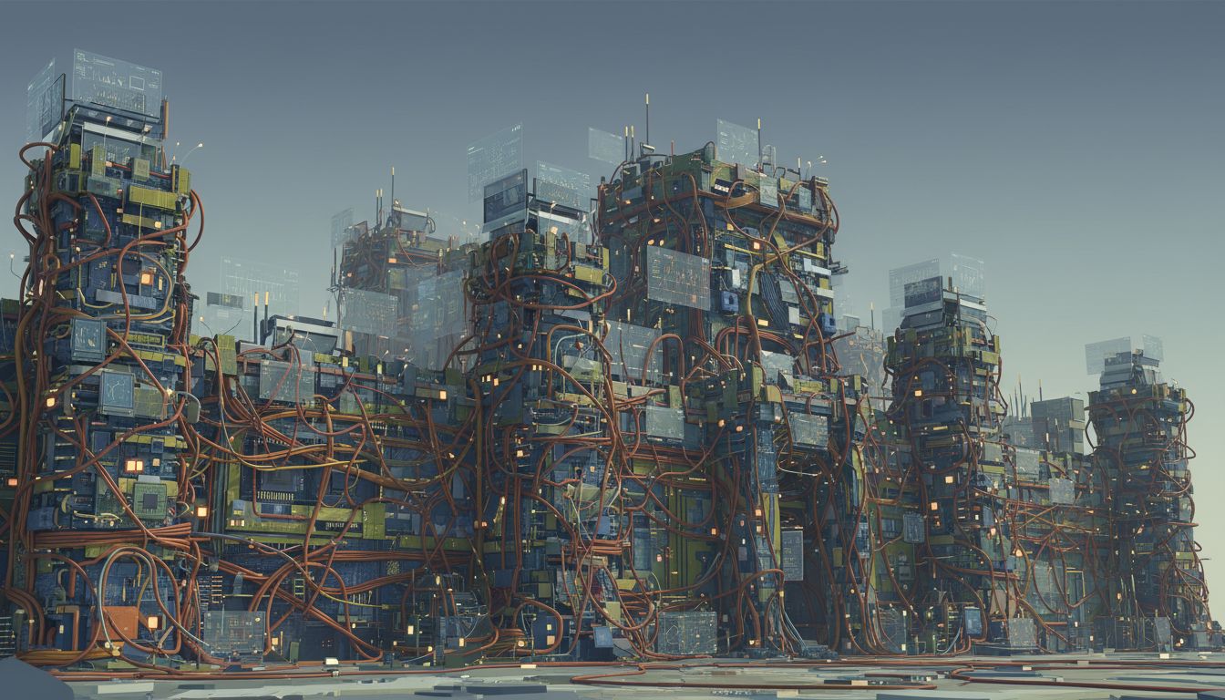 Illustration of a fortress built from tangled software components, representing feature debt as a competitive moat