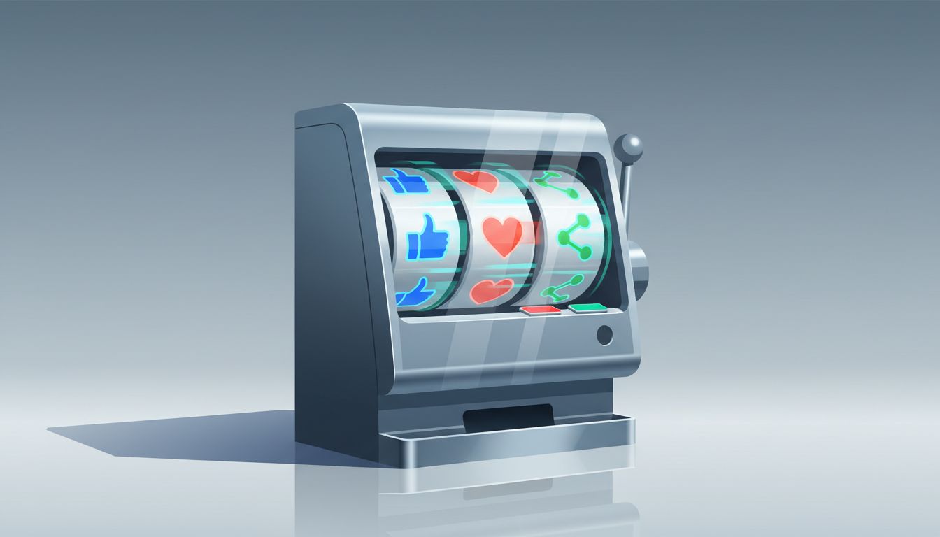 A slot machine with social media icons on its reels, rendered as a consumer tech product