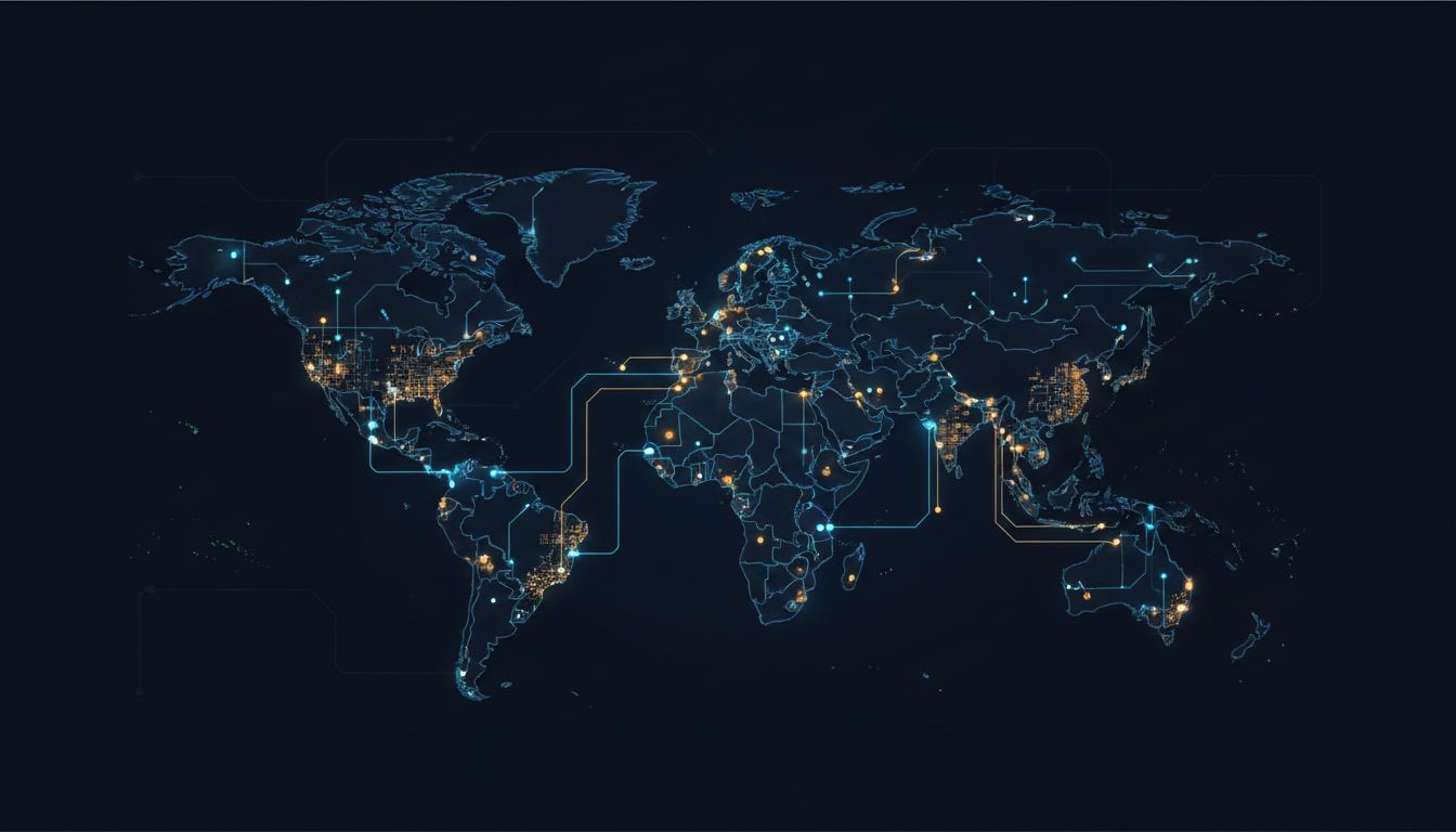 Abstract map illustration showing sequential market entry as connected nodes lighting up in order