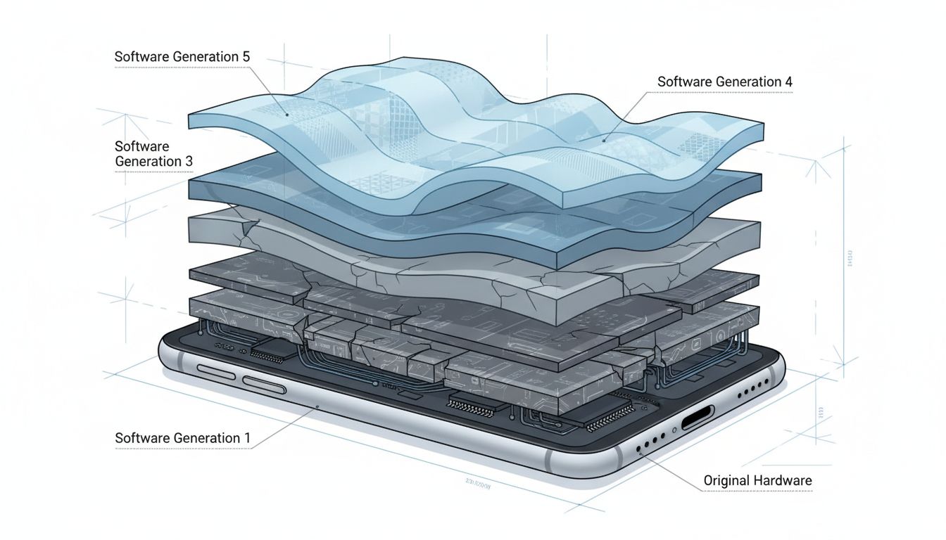 Cross-section illustration of a smartphone with software layers compressing older hardware beneath