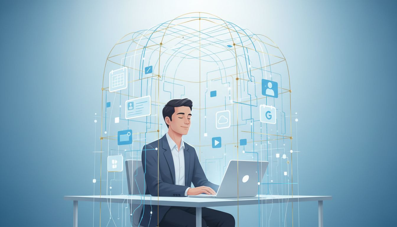 A person comfortably using a laptop while surrounded by an invisible web of data connections and app integrations representing platform lock-in