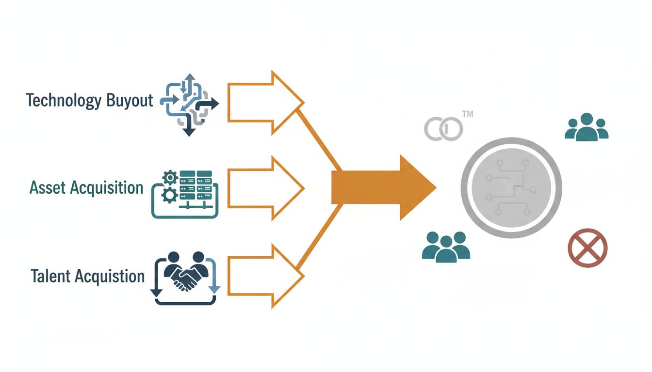 Diagram showing multiple acquisition motivations converging on a single outcome of a shelved product