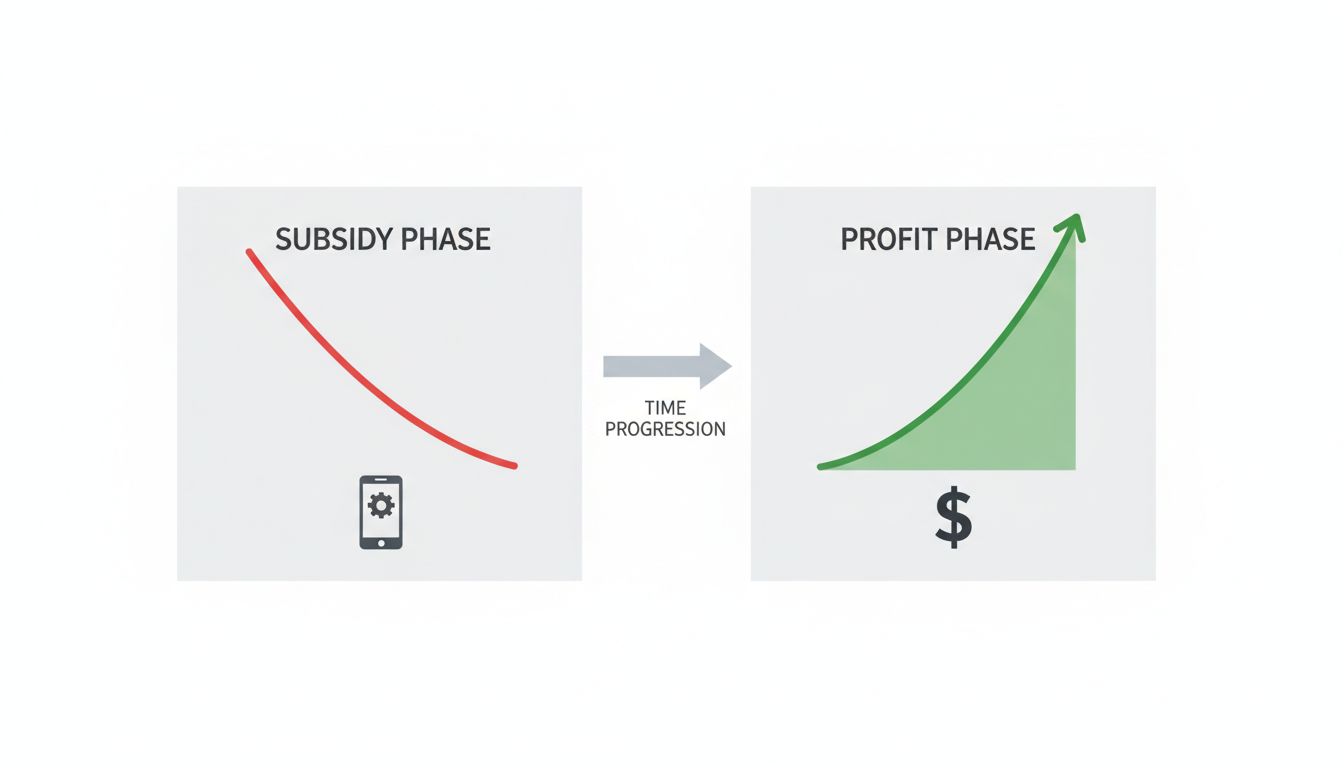 Two-phase economics chart showing initial losses from platform subsidies transitioning into compounding profits