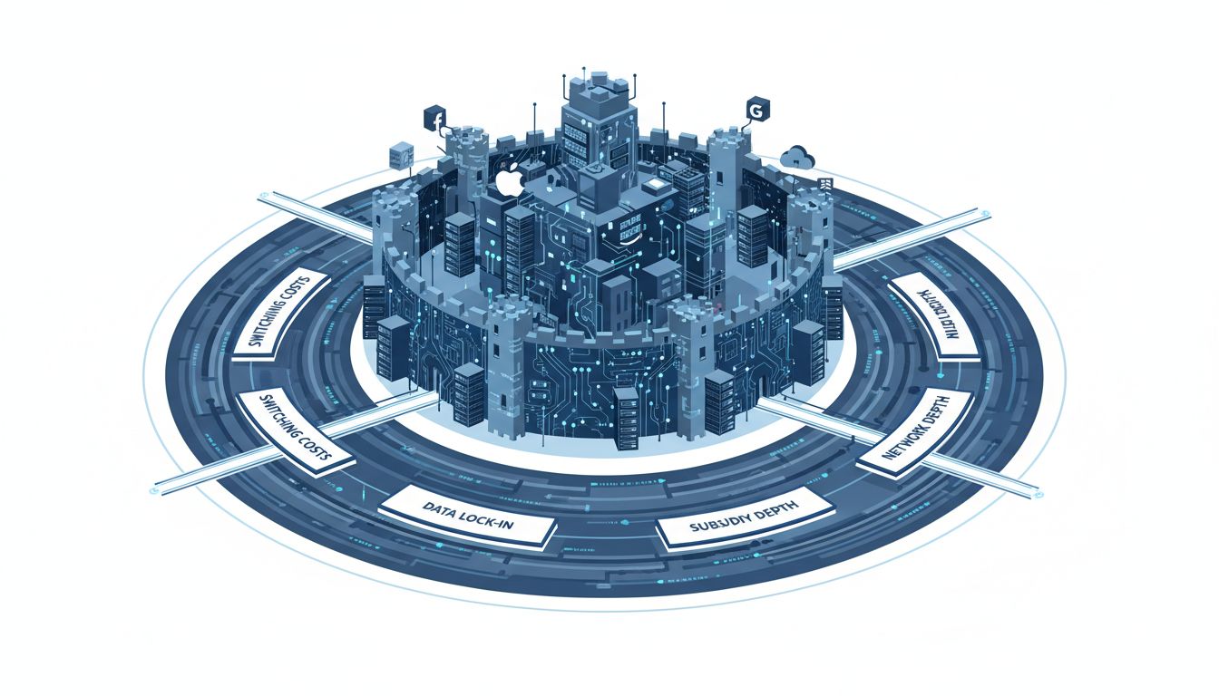 Illustration showing how platform subsidies build competitive moats through switching costs, data lock-in, and network effects
