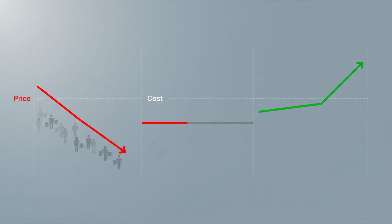 A timeline diagram showing below-cost pricing phases leading to competitor exit and eventual price recovery