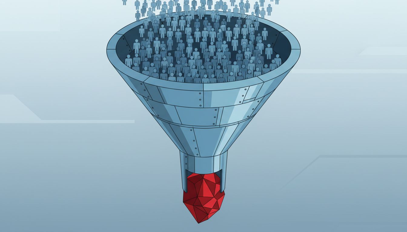 An industrial funnel illustration showing many competitors entering and one dominant company exiting