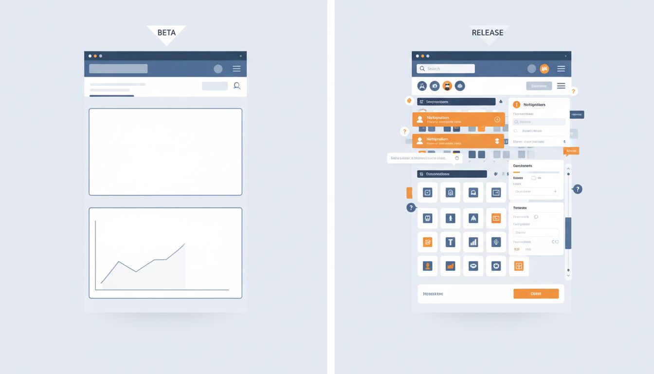 Split illustration comparing a clean beta software interface with a cluttered final release interface