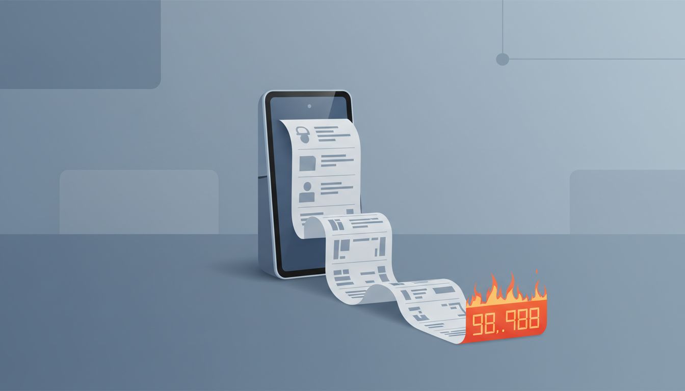 Abstract illustration of consumer hardware with an endlessly growing invoice attached to its base