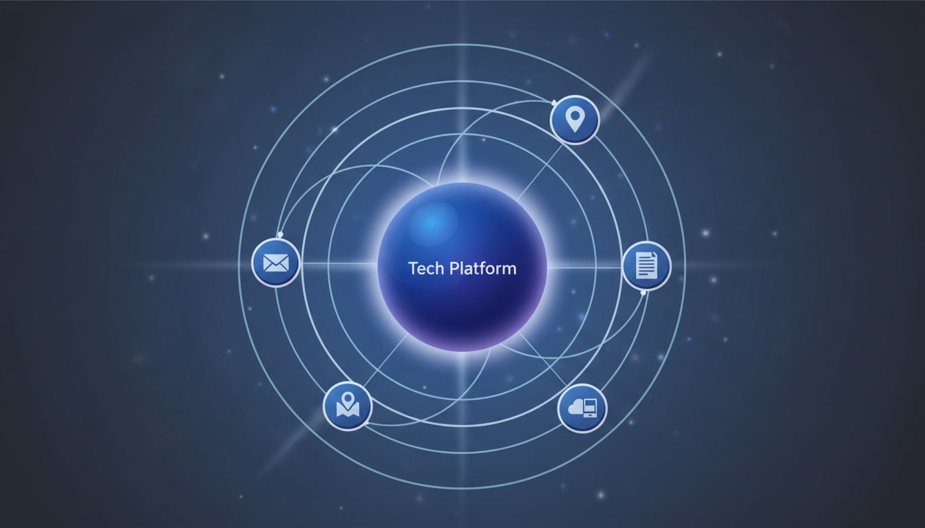 Diagram showing digital products orbiting a central platform like planets in a gravitational field, illustrating ecosystem lock-in