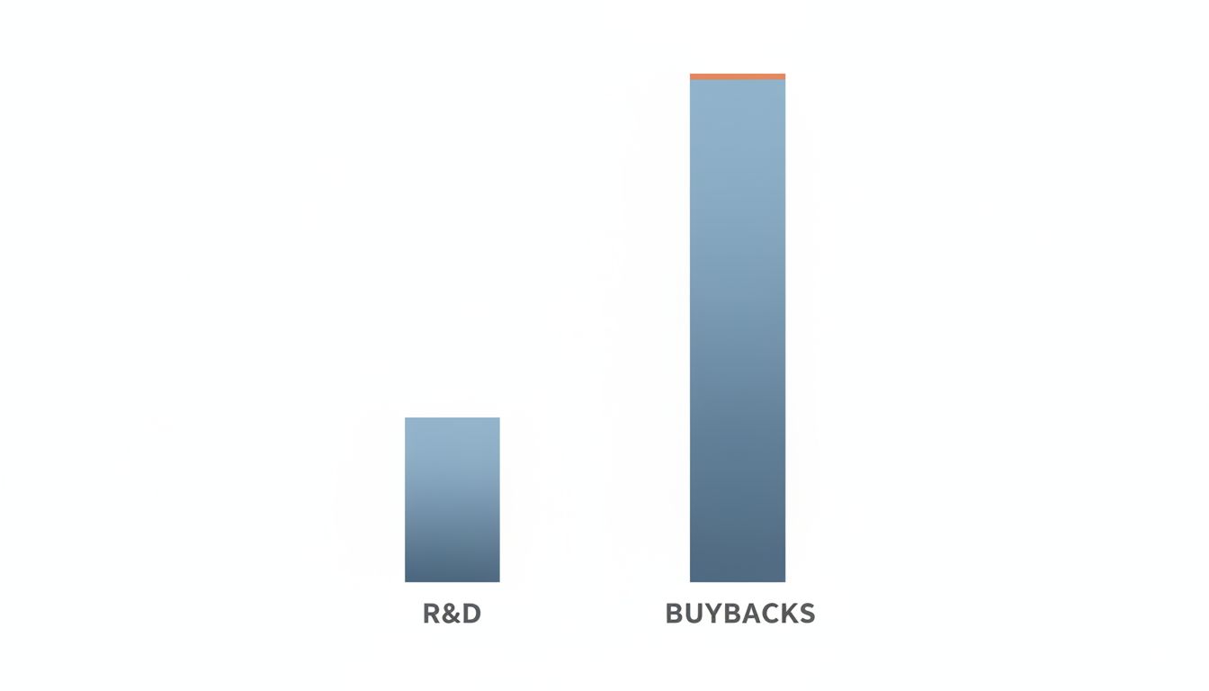 Side-by-side bar chart illustrating the scale difference between R&D spending and share buyback volumes at major tech companies