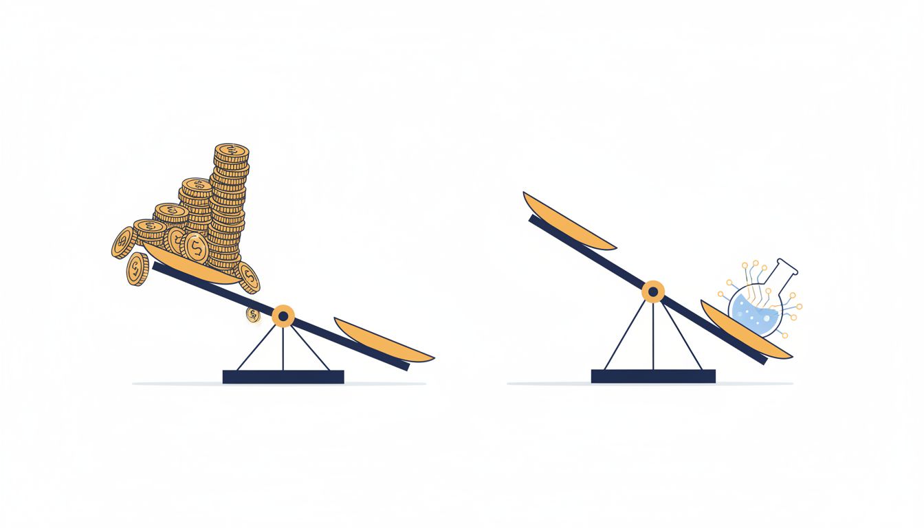 Balance scale illustration comparing the weight of buyback spending versus R&D investment at large tech companies