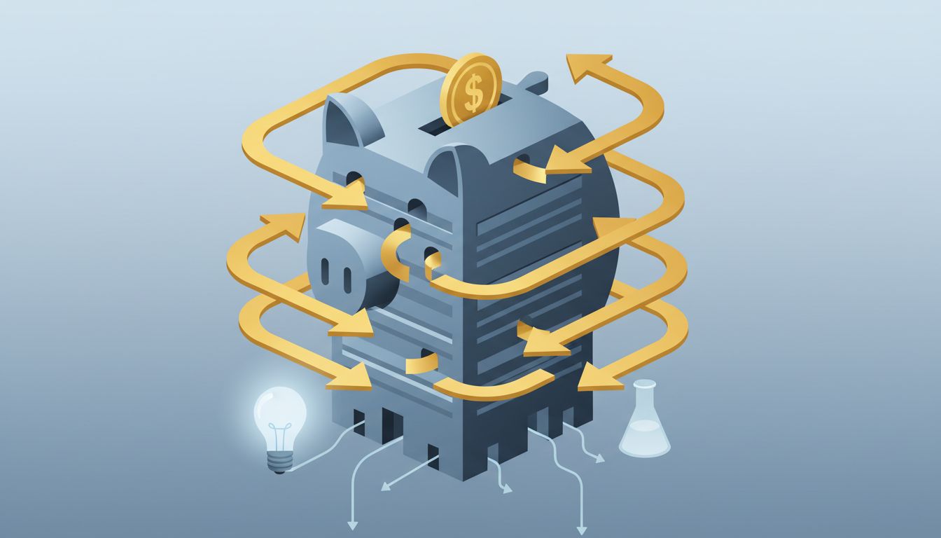 Abstract illustration showing capital flowing back into a corporation rather than outward into innovation