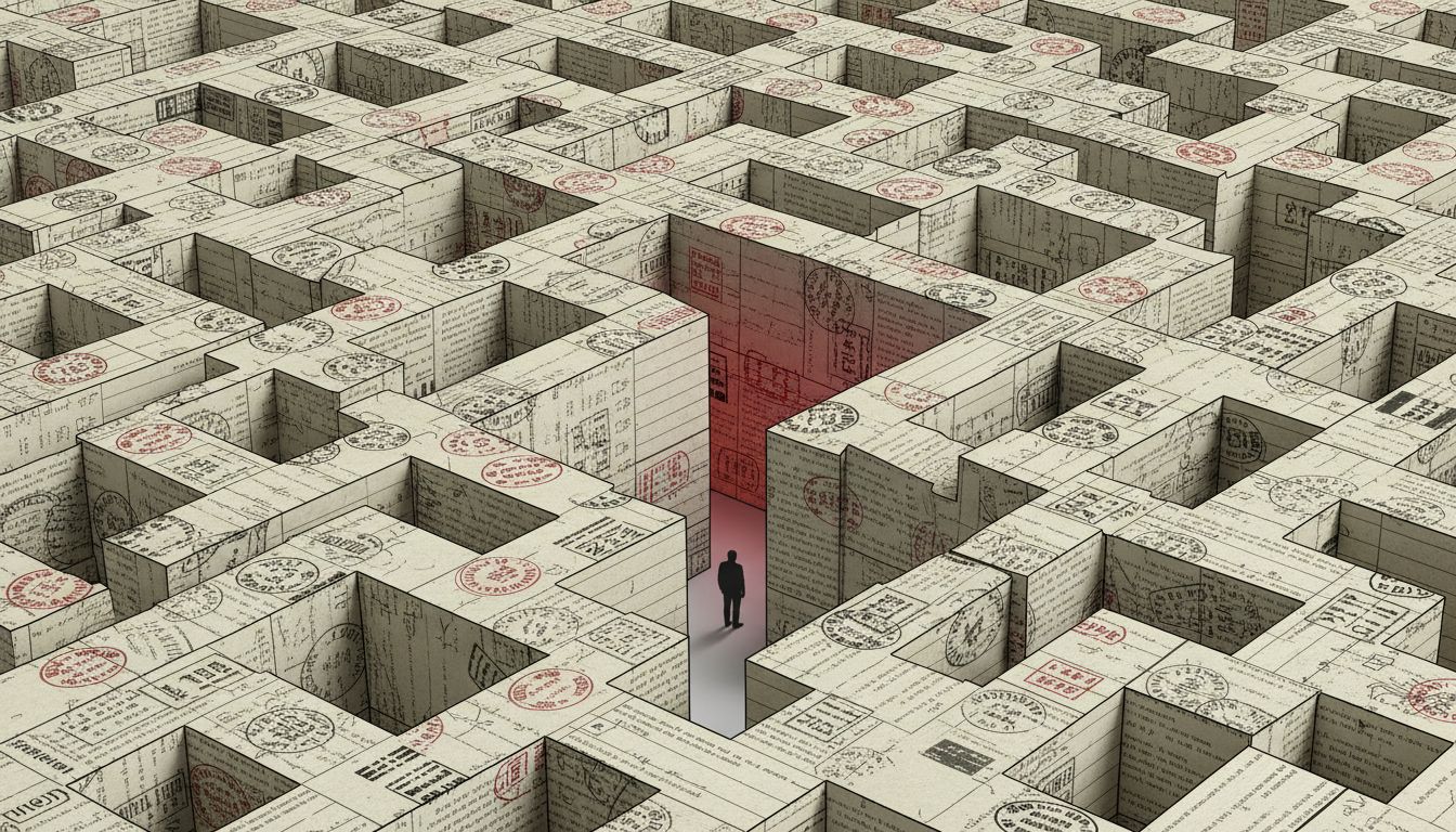 A maze built from legal documents with a small human figure at the entrance