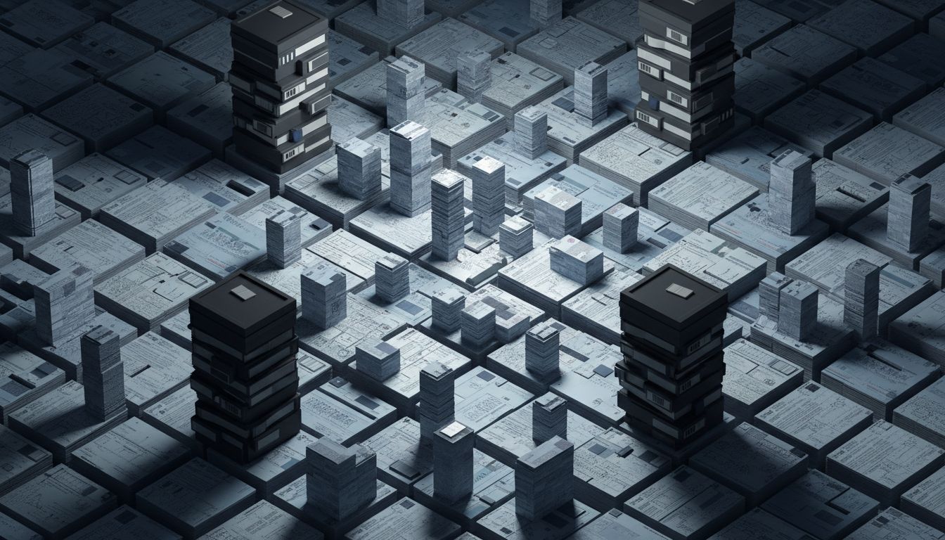 An aerial grid of patent documents forming a city, with large towers casting shadows over smaller structures