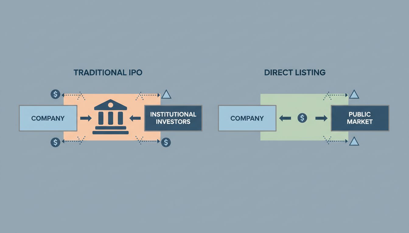 Diagram comparing the flow of shares and money in a traditional IPO versus a direct listing, showing the role of the underwriting bank
