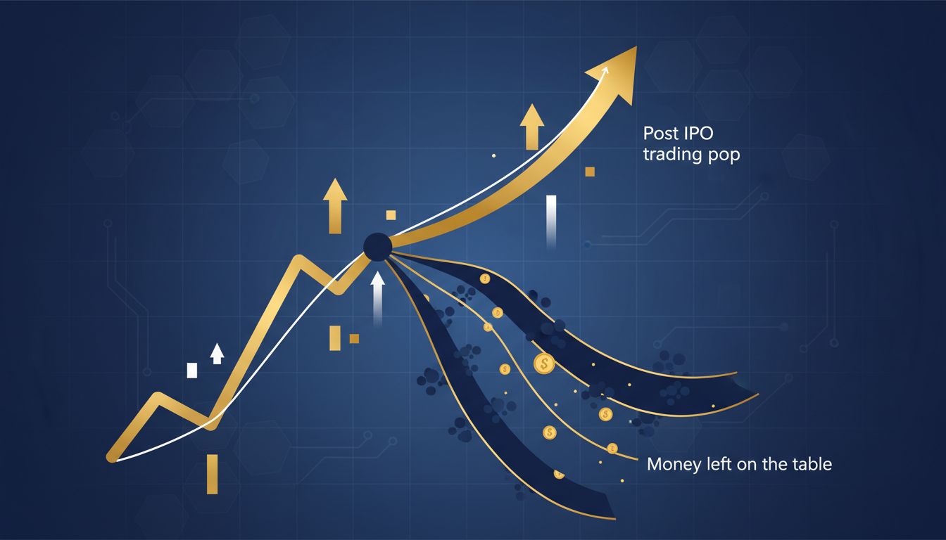 Abstract illustration of an IPO price splitting into two diverging paths, representing the gap between offering price and first-day trading price