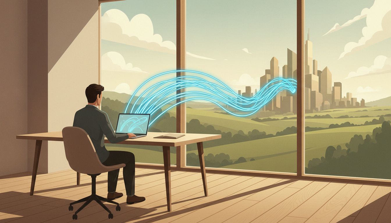 Remote worker at laptop with digital connection lines reaching toward a distant city cluster