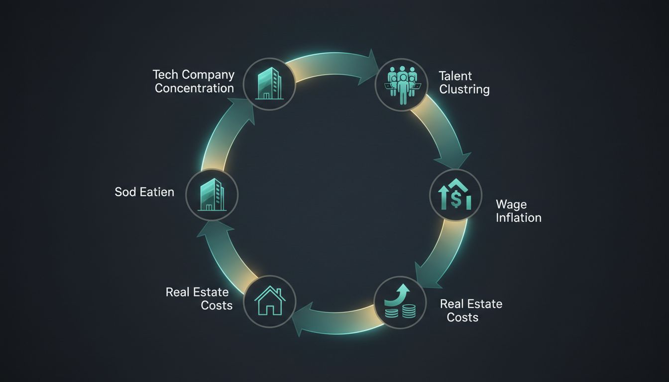 Circular infographic showing the self-reinforcing loop between tech concentration, talent clustering, wage inflation, and real estate costs