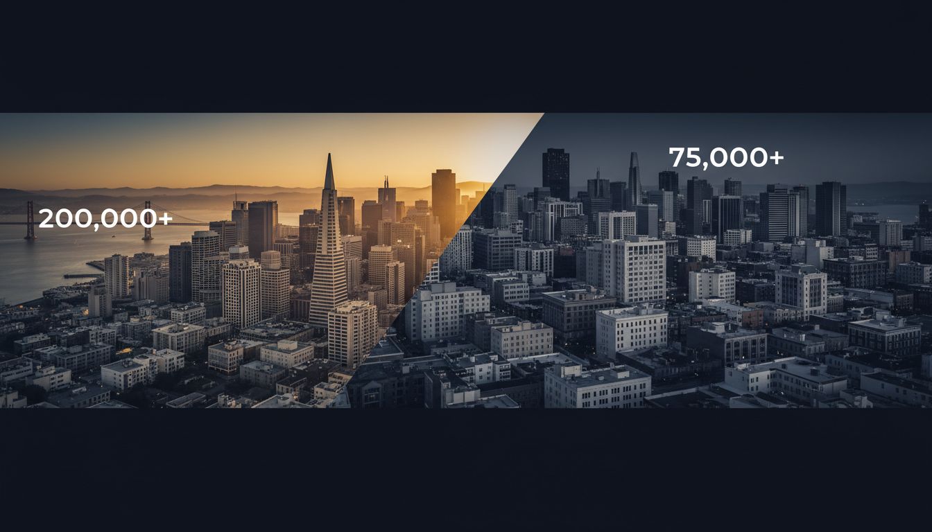 Aerial comparison of San Francisco skyline and a smaller city skyline with salary figures overlaid