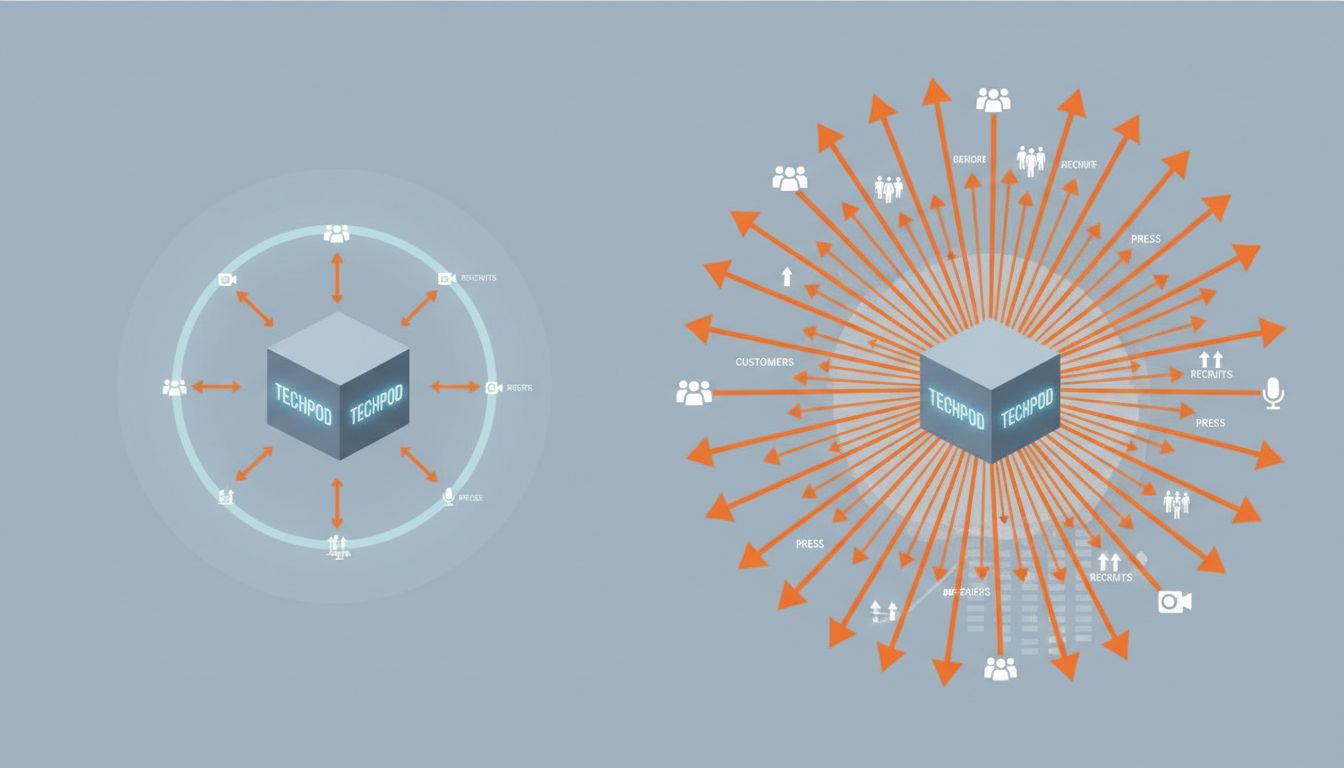 Diagram showing how a large funding announcement expands a startup's gravitational pull on customers, talent, and media