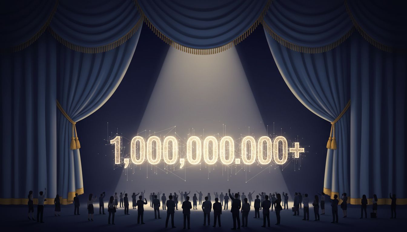 Theatrical stage reveal of a large funding number, suggesting that the announcement itself is a performance