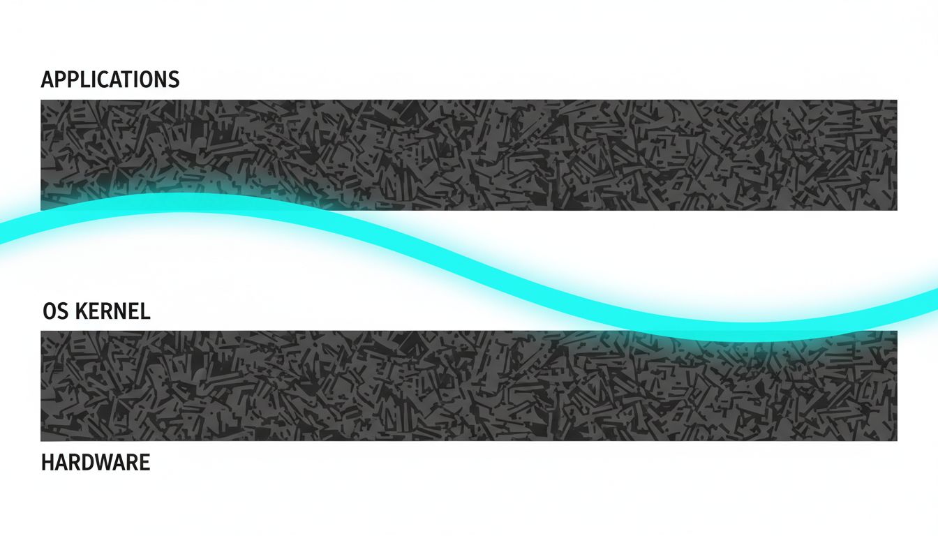 Layered diagram showing how a system restart clears state from applications down through the OS kernel to hardware drivers