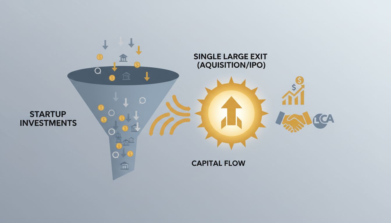 Infographic showing venture capital investment funnel leading to a single large exit event