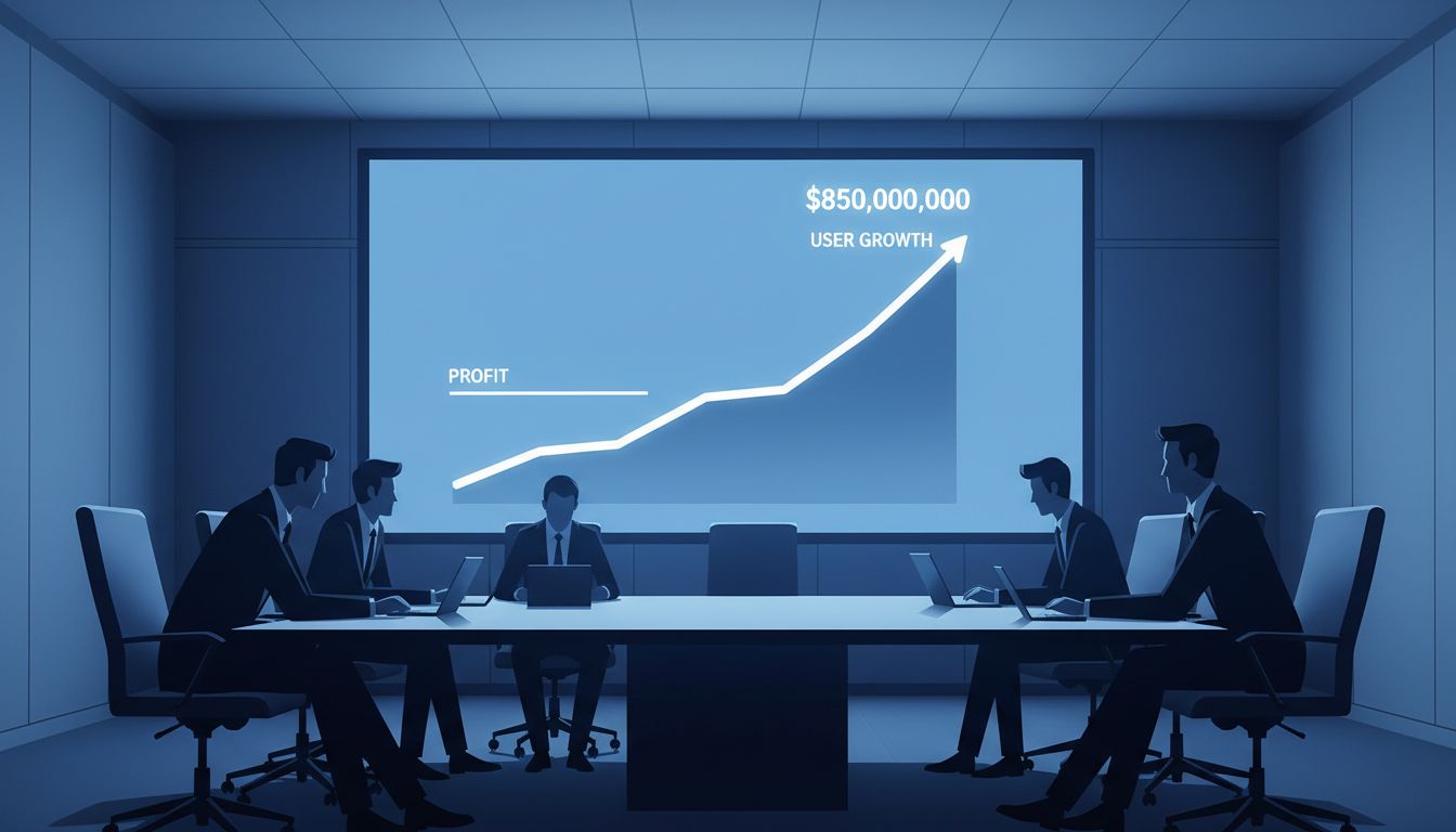 Stylized illustration of a venture capital meeting room with a projection showing user growth metrics overshadowing profit figures