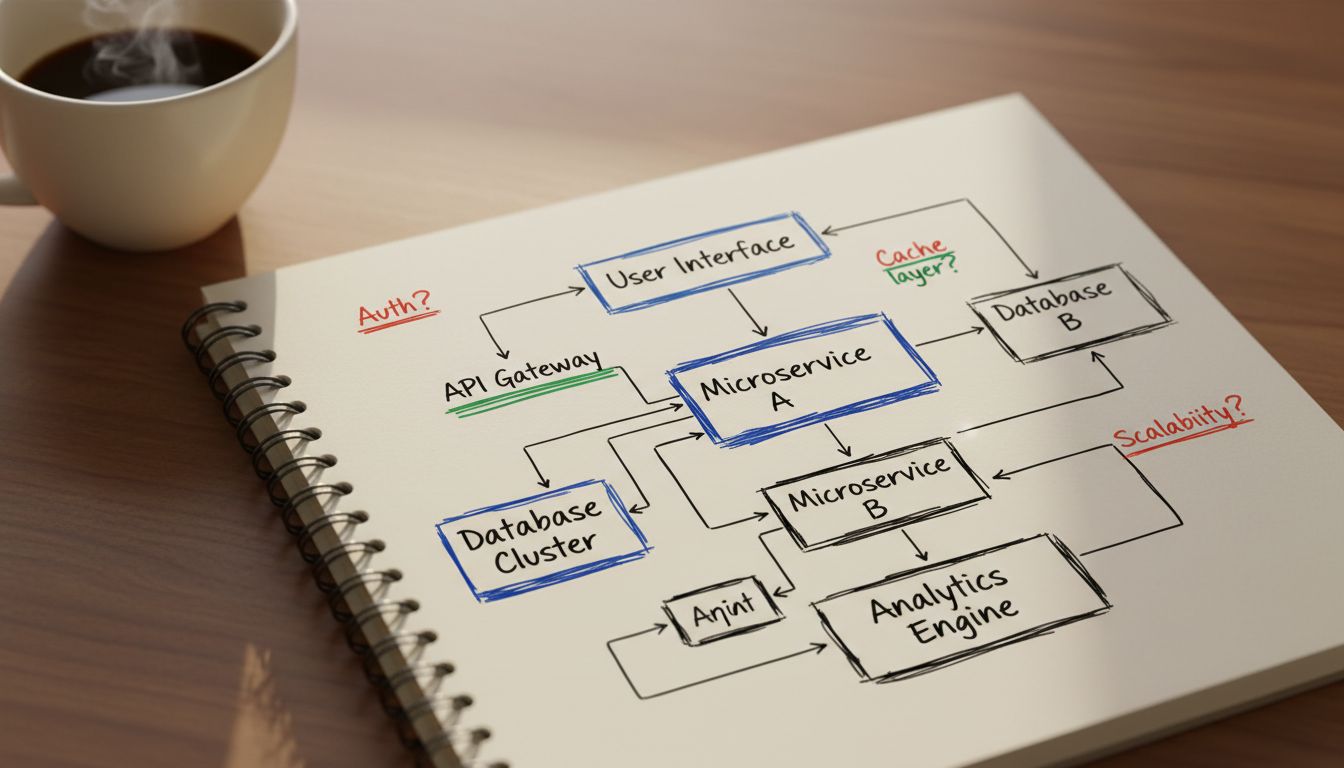 Hand-drawn system architecture diagram in a developer's paper notebook