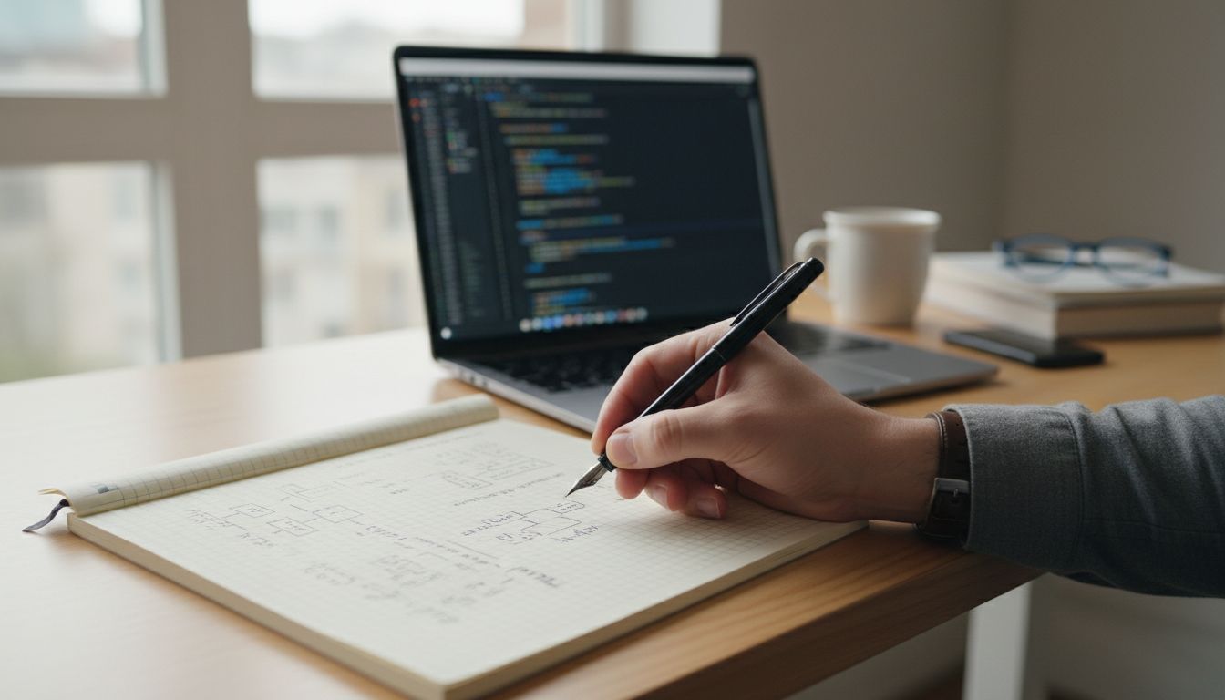 Developer writing in a paper notebook with a laptop code editor blurred in the background