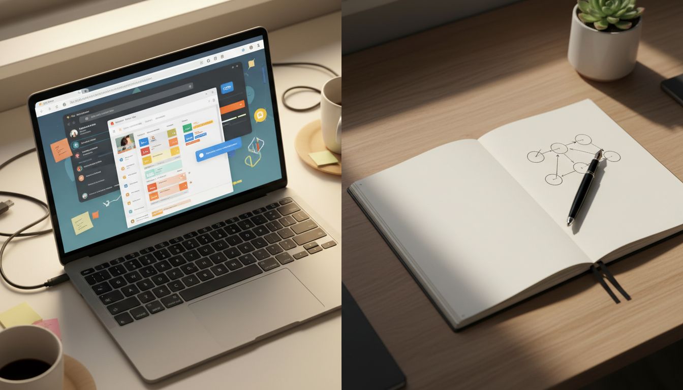 Split desk comparison showing a cluttered digital note-taking setup versus a clean paper notebook workspace