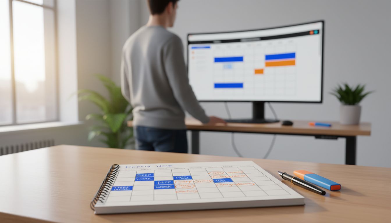 Developer planning a reverse calendar week with color-coded deep work and meeting blocks in a physical notebook