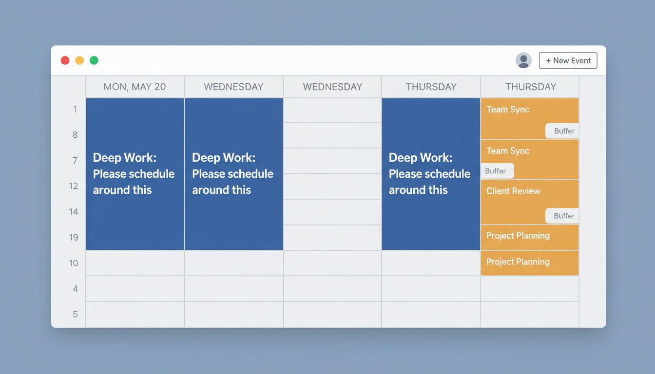 Calendar application showing reverse calendar method with labeled deep work blocks, clustered meetings, and buffer zones