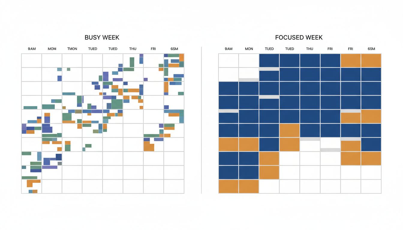 Side-by-side comparison of a conventional scattered meeting calendar versus a reverse calendar with deep work blocks prioritized
