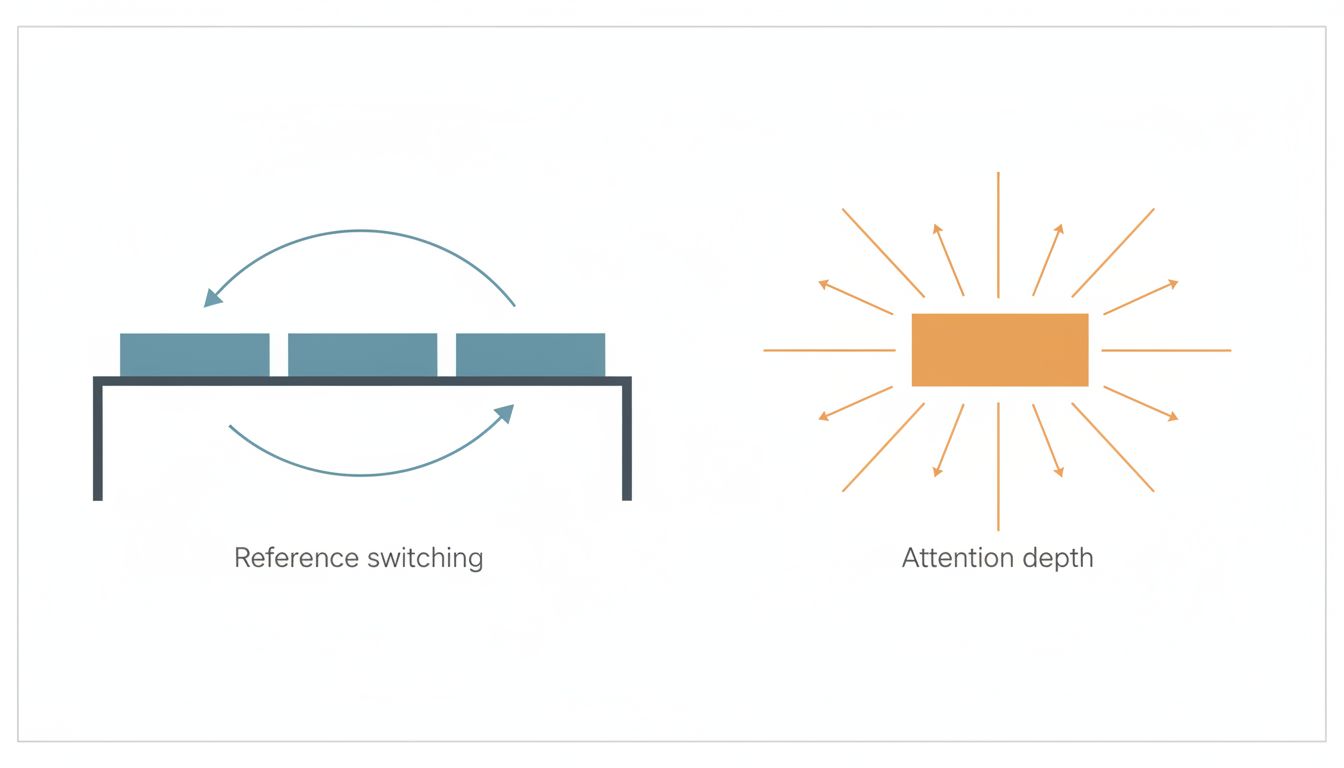 Diagram comparing multi-monitor reference switching workflow versus single-screen focused attention workflow