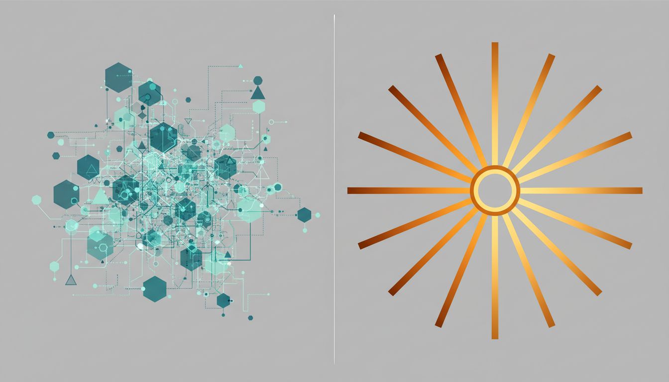 Abstract diagram contrasting simultaneous multi-stream information work with focused single-point decision work