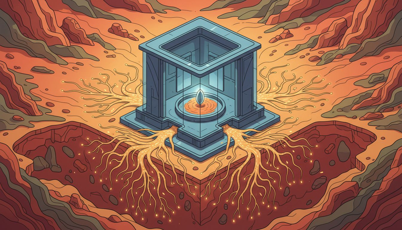 Illustration of a plant rooted inside a building with roots extending outward, representing internal tools growing into external products