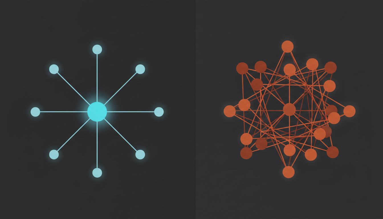 Two contrasting network diagrams: one with a clear central node and ordered satellites, one with no center and chaotic equal-weight connections
